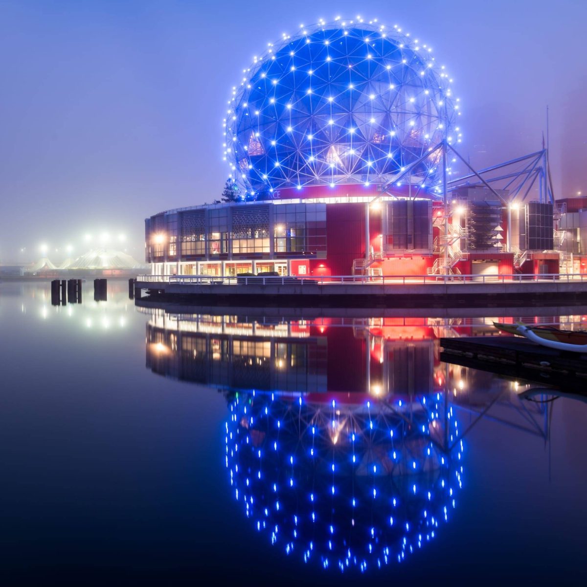 Science World at night, a top-rated tourist attraction in Vancouver, BC. Explore interactive exhibits & learn something new for all ages