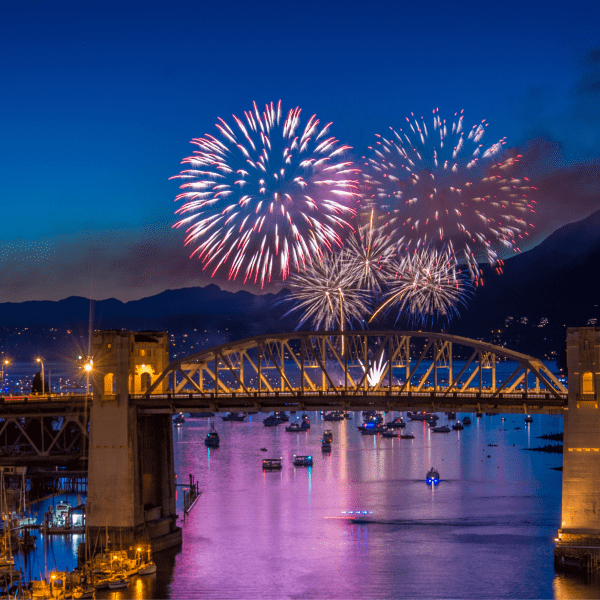 Fireworks on Downtown Vancouver with the view of the bridge